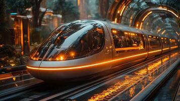 A sleek maglev train moves swiftly along its track in a vibrant, urban setting filled with lush greenery and illuminated elements, showcasing advanced transportation technology. photo