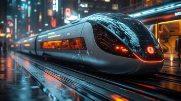 A sleek highspeed maglev train stands illuminated amidst a vibrant urban environment at night, highlighting innovations in logistics and mobility through modern design and advanced infrastructure. photo