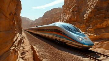 A high speed train glides through a stunning canyon, illustrating advanced railway technology and efficient transportation in a majestic natural setting. photo