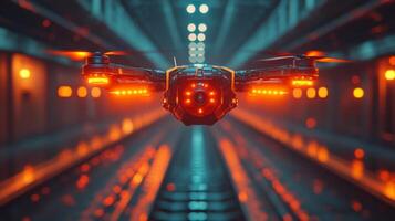 A cutting edge drone equipped with advanced sensors hovers in a subway station, showcasing innovations in logistics and transportation automation for urban commuters. photo