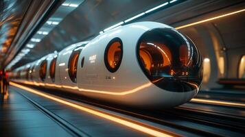 Sleek subway trains line the tracks in a well lit underground station, showcasing advanced design and technology for urban mobility. Commuters navigate the area with ease. photo