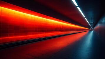 A sleek subway tunnel features bright red lighting illuminating the track, highlighting contemporary infrastructure designed for efficient urban transit during peak hours. photo
