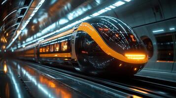 A sleek metro train designed for urban transit awaits departure in a modern subway station. The advanced infrastructure highlights automation and efficiency in mobility. photo