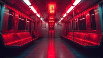 Empty subway train with bright red lighting creates a striking visual effect. The sleek seating and clean lines highlight urban transportation's modern design, offering a unique commuter experience. photo