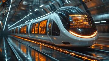 A sleek automated subway train waits at an urban transit station, showcasing advanced technology for efficient mobility and commuter convenience amid modern infrastructure. photo