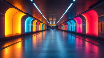 A modern subway tunnel features bright, colorful lighting in shades of blue, orange, and pink, enhancing the urban transit atmosphere for commuters. photo