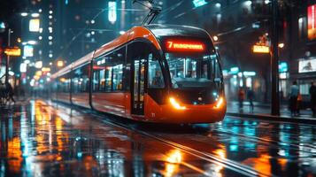 Tram glides through a wet urban street illuminated by colorful lights in a bustling city at night, symbolizing advanced transportation and commuter dynamics. photo
