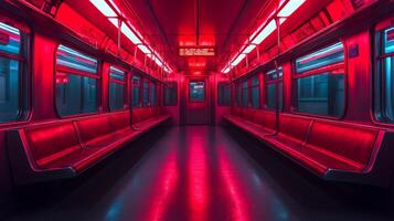 Commuters can observe a bold subway interior illuminated by bright red lights, enhancing the empty seating area in a modern urban transport system. photo