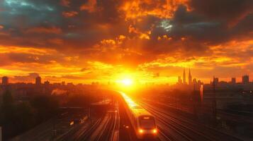 A train moves steadily along its tracks as the sun sets behind an urban skyline featuring striking architecture. The warm colors contrast with the modern infrastructure. photo
