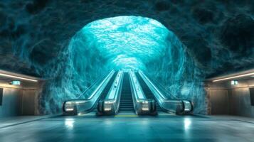Remarkable transportation infrastructure showcases escalators leading into a stunning underwater themed subway station. This modern space enhances urban mobility while improving commuter experience. photo