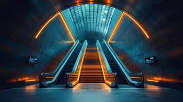 Illuminated escalators lead up from a sleek subway station, showcasing vibrant lighting and contemporary architecture in a busy city environment during peak commuter hours. photo