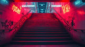 A subway entrance features illuminated neon signs, drawing attention to the colorful graffiti on the walls. The scene captures the vibrant atmosphere of urban mobility at night. photo