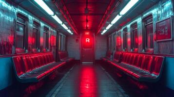Empty subway train interior illuminated by red lights creates a stark contrast to the metal and tiles, highlighting the urban mobility experience during late night commutes in the city. photo