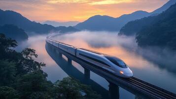 A sleek high speed train glides over a bridge at dawn, surrounded by mountains and mist, illustrating the integration of transportation and natures beauty. photo