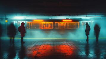 People stand on the platform in a subway station, waiting for the train to arrive. The atmosphere is illuminated by bright train lights and enveloped in mist, creating a dynamic urban setting. photo