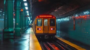A yellow subway train approaches the platform at a bustling urban station, illuminated by overhead lights amidst a rainy evening. Commuters await their ride. photo