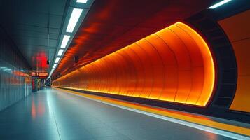 The subway platform features striking orange illumination highlighting the curved architecture of the tunnel, emphasizing the dynamic atmosphere of urban mobility during rush hour. photo