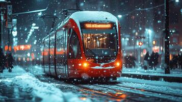A brightly lit metro tram moves through a snowy urban landscape at night. Snowflakes fall gently, creating a serene atmosphere in a busy city street. photo