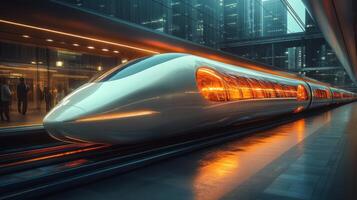A high speed maglev train stands at a sleek urban terminal, illuminated by futuristic lighting, while travelers wait for departure in an advanced transportation setting. photo