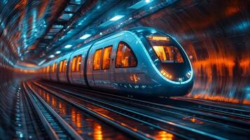A high speed train travels through a modern underground tunnel, its sleek design contrasting against the reflective, illuminated walls as colorful lights create a dynamic atmosphere. photo