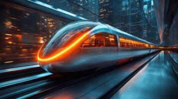 A sleek high speed maglev train moves swiftly through a vibrant urban landscape at night, illuminated by glowing lights, exemplifying the integration of advanced mobility and transportation systems. photo