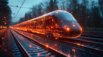 A high speed maglev train designed with glowing digital patterns moves swiftly along the railway tracks as dusk begins to set, showcasing advanced transportation and automation in action. photo