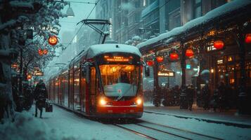 A vibrant subway tram navigates through a snow covered urban landscape on a winter evening, with commuters awaiting their rides amidst festive lights and falling snowflakes. photo