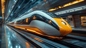 The sleek high speed maglev train is positioned on the tracks of a contemporary transport hub, showcasing innovative design and automated features, ready for its next journey. photo