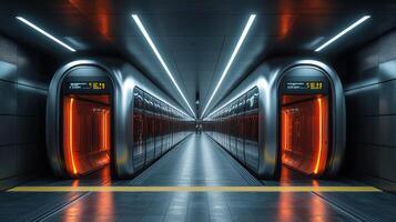 Commuters await trains at a sleek subway station featuring futuristic design and efficient mobility solutions in an urban environment. photo