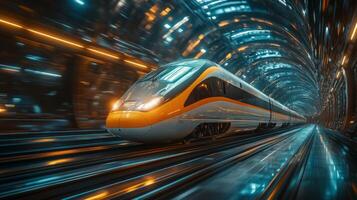 A high speed train moves swiftly through a sleek, illuminated tunnel, highlighting innovations in transport infrastructure and the future of mobility. photo