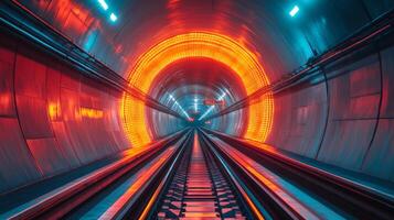 Inside a high speed railway tunnel, vibrant illuminated patterns appear along the walls, highlighting the integration of technology in modern rail infrastructure. photo