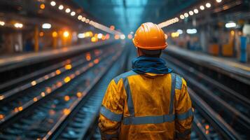 A worker in safety gear observes railway tracks in a well lit station during evening hours, ensuring the smooth operation of high speed train services and automation systems. photo