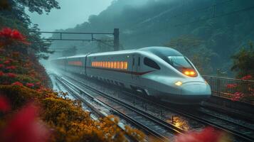 High speed train moves swiftly along elevated tracks amidst a foggy backdrop, surrounded by vibrant flora, highlighting advancements in rail technology and automation. photo