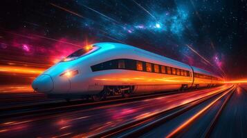High speed maglev train gliding smoothly along illuminated tracks, showcasing futuristic design and advanced technology, set against a vibrant, cosmic backdrop highlighting infrastructure mobility. photo
