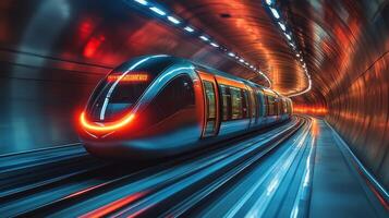A futuristic subway train moves swiftly through a brightly lit urban tunnel, emphasizing innovation and efficiency in public transit during the day. photo
