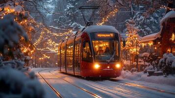 A red tram travels along tracks lined with snow, illuminated by twinkling lights in a winter urban landscape. Trees and buildings are blanketed in snow, creating a cozy atmosphere. photo