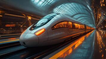 A sleek maglev train arrives at a state of the art transportation hub, showcasing advanced railway design and automation in mobility. The bustling environment emphasizes speed and innovation. photo