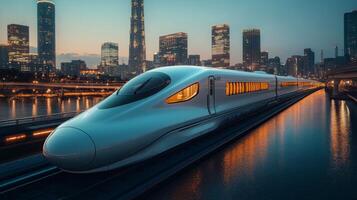 A high speed maglev train is poised on the tracks as twilight descends, with a bustling city skyline illuminated in the background. The train showcases advanced design and technology. photo