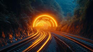Train tracks curve into a brightly lit tunnel surrounded by lush greenery, showcasing the intersection of urban transit and natural landscape at dusk. photo