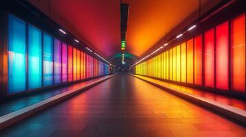 A modern subway corridor features an array of colorful lights on both sides, creating a dynamic atmosphere for commuters. The smooth flooring reflects the vibrant hues, enhancing the urban experience. photo