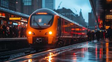A sleek highspeed train pulls into a bustling railway station as commuters stand under covered areas, shielded from the rain, awaiting their journey home during evening hours. photo