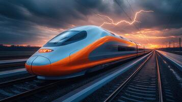A cutting edge high speed train travels along tracks, surrounded by dark clouds and lightning in the evening sky, showcasing advanced railway technology and automation. photo