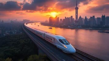 A high speed train glides along a curved railway track beside a river in Shanghai, surrounded by a skyline of modern buildings illuminated by a vibrant sunset. photo