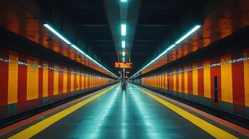 A spacious subway station features bright tile walls and an electronic display board showing upcoming train arrivals, ideal for commuters. photo