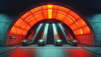 Commuters navigate a well designed subway station featuring vivid red lighting and dual escalators, highlighting efficiency in urban transportation during peak hours. photo