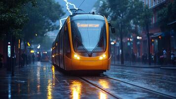A bright yellow tram moves along tracks in a bustling city amid a downpour. Lightning flashes in the sky, creating a dramatic contrast with the urban lights. photo