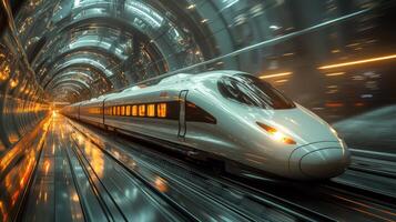 A high speed maglev train speeds through a sleek, illuminated tunnel designed for efficient transportation, showcasing advanced infrastructure and modern mobility. photo