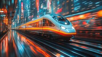 A sleek high speed train moves swiftly through a busy urban subway station illuminated by colorful neon lights, creating a dynamic atmosphere for commuters during nighttime. photo