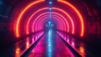 A brightly lit tunnel features vibrant neon lights reflecting off the wet surface, representing the intersection of modern design and urban transit systems during late evening hours. photo
