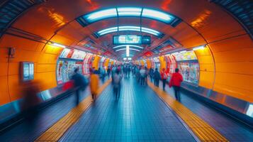Busy city commuters walk through a brightly lit subway corridor filled with colorful advertisements and modern design elements, highlighting urban mobility and transit efficiency. photo